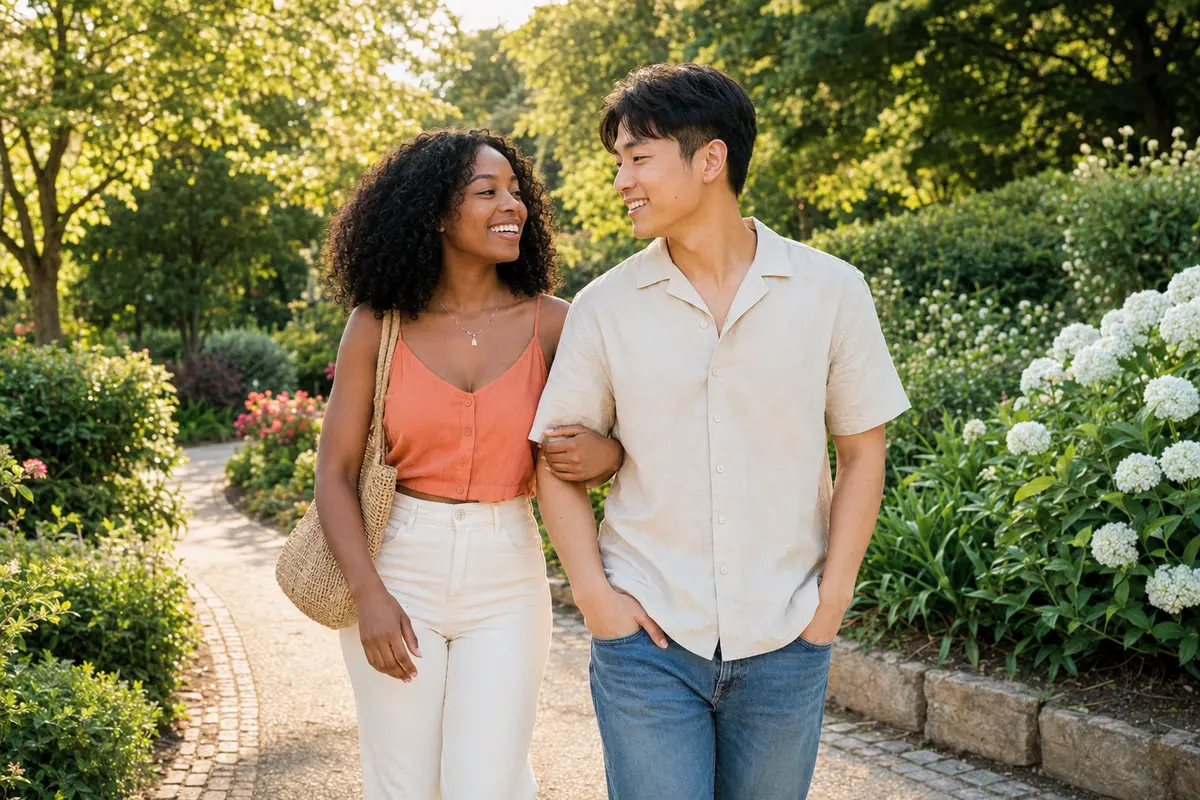 Pareja adulta paseando por un jardín público