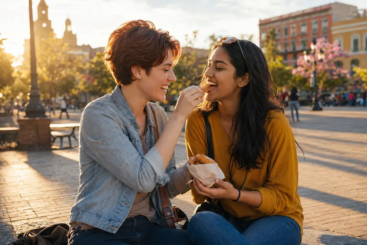 Dos mujeres adultas compartiendo un tentempié en una plaza
