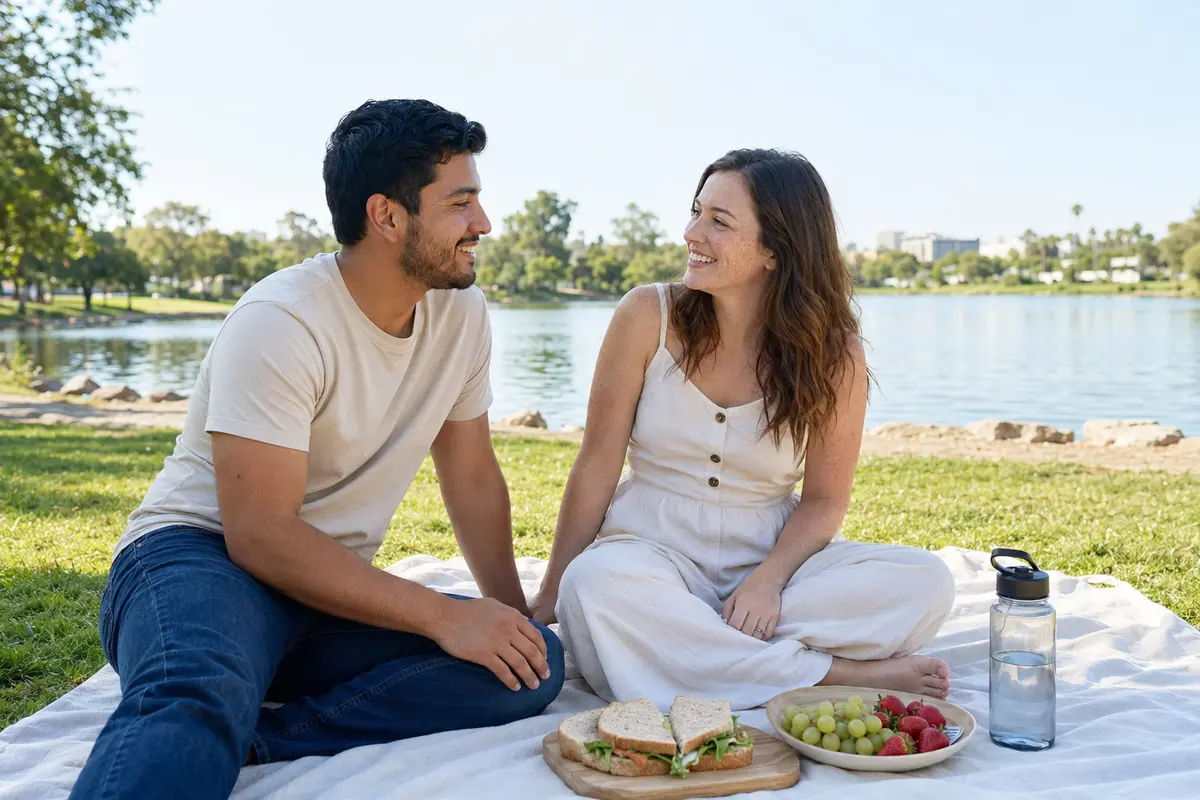 Pareja adulta disfrutando de un pícnic junto a un lago