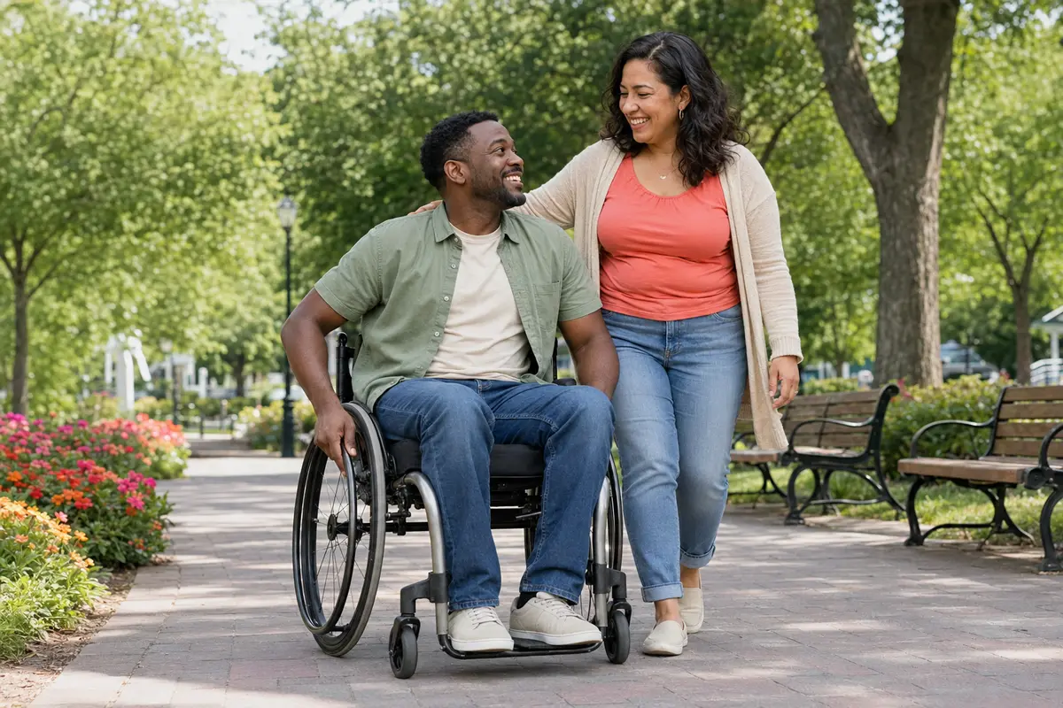 Pareja adulta paseando por un parque accesible
