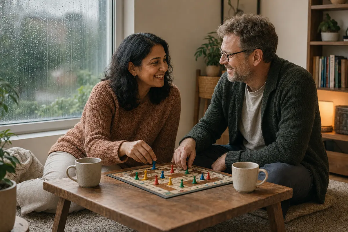Pareja adulta conversando en casa mientras llueve
