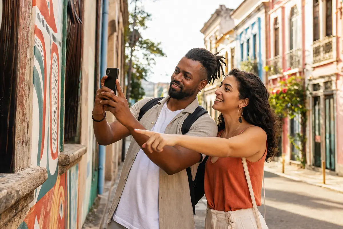 Pareja adulta fotografiando detalles por la ciudad