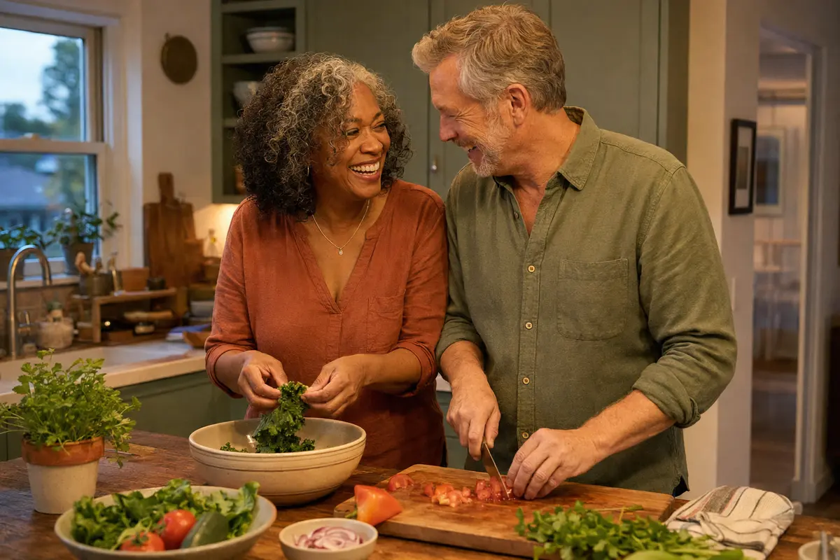 Casal adulto preparando uma refeição simples em casa