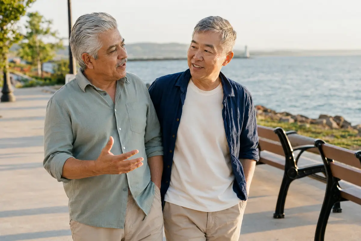 Dois homens adultos conversando durante uma caminhada à beira-mar