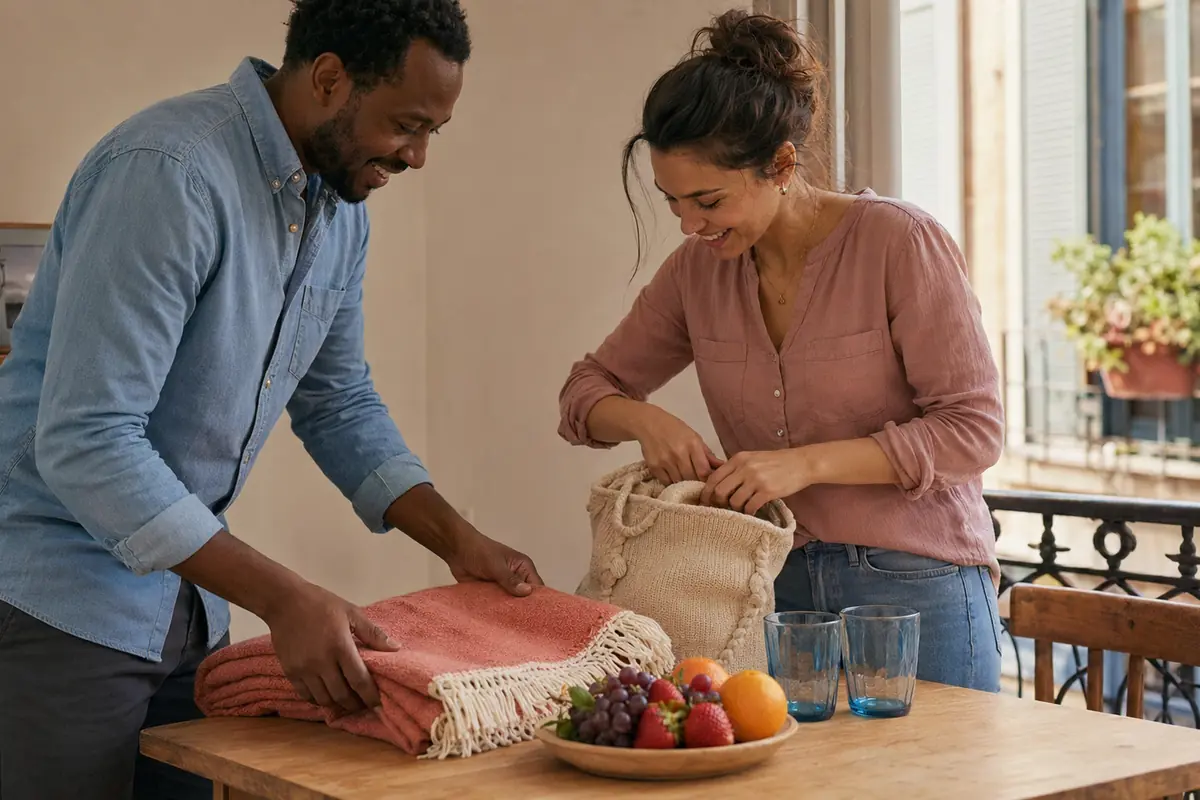 Pareja adulta preparando una cita sencilla en casa