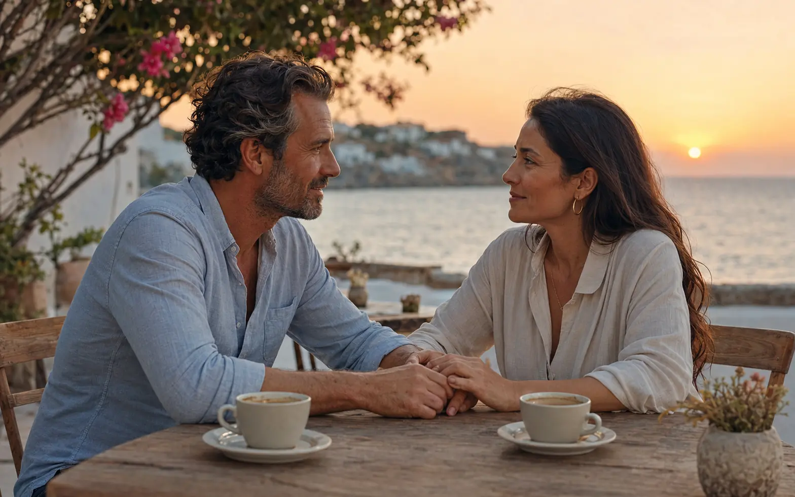 Pareja adulta cogida de la mano y mirándose con cariño en una terraza junto al mar