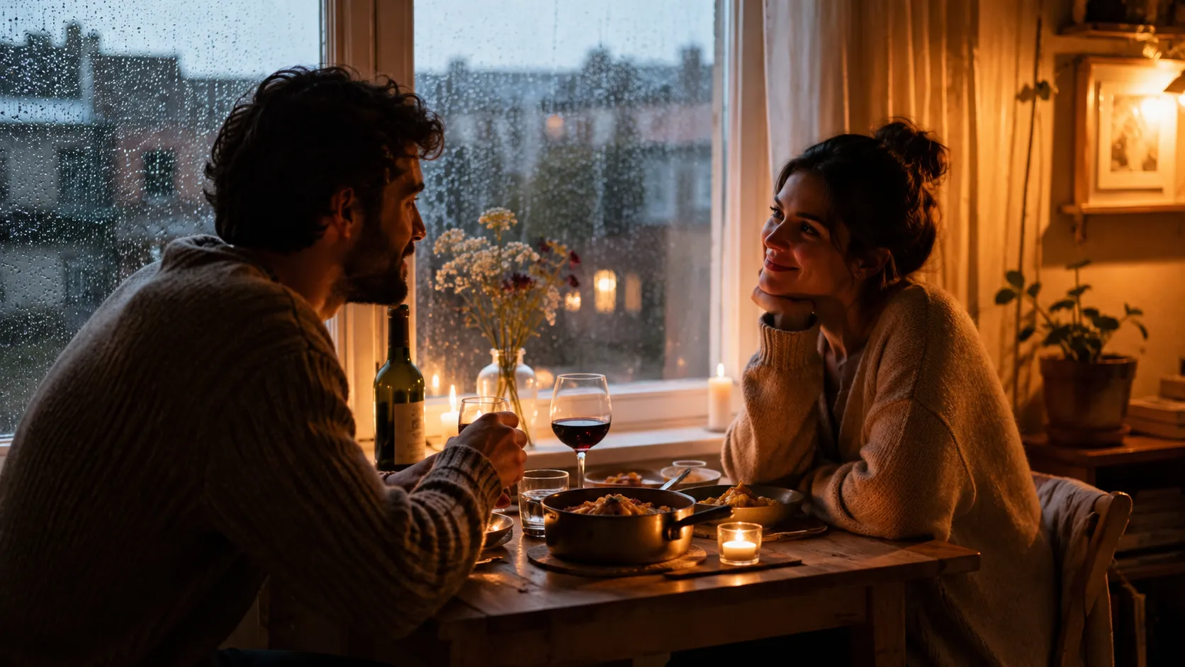 Casal adulto conversando em casa enquanto a chuva cai do lado de fora
