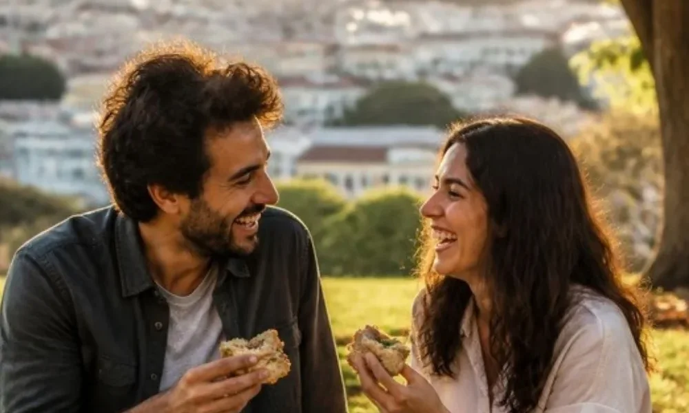 Pareja riendo y comiendo bocadillos sobre una manta de picnic en un parque, con una cesta de mimbre y fruta al lado