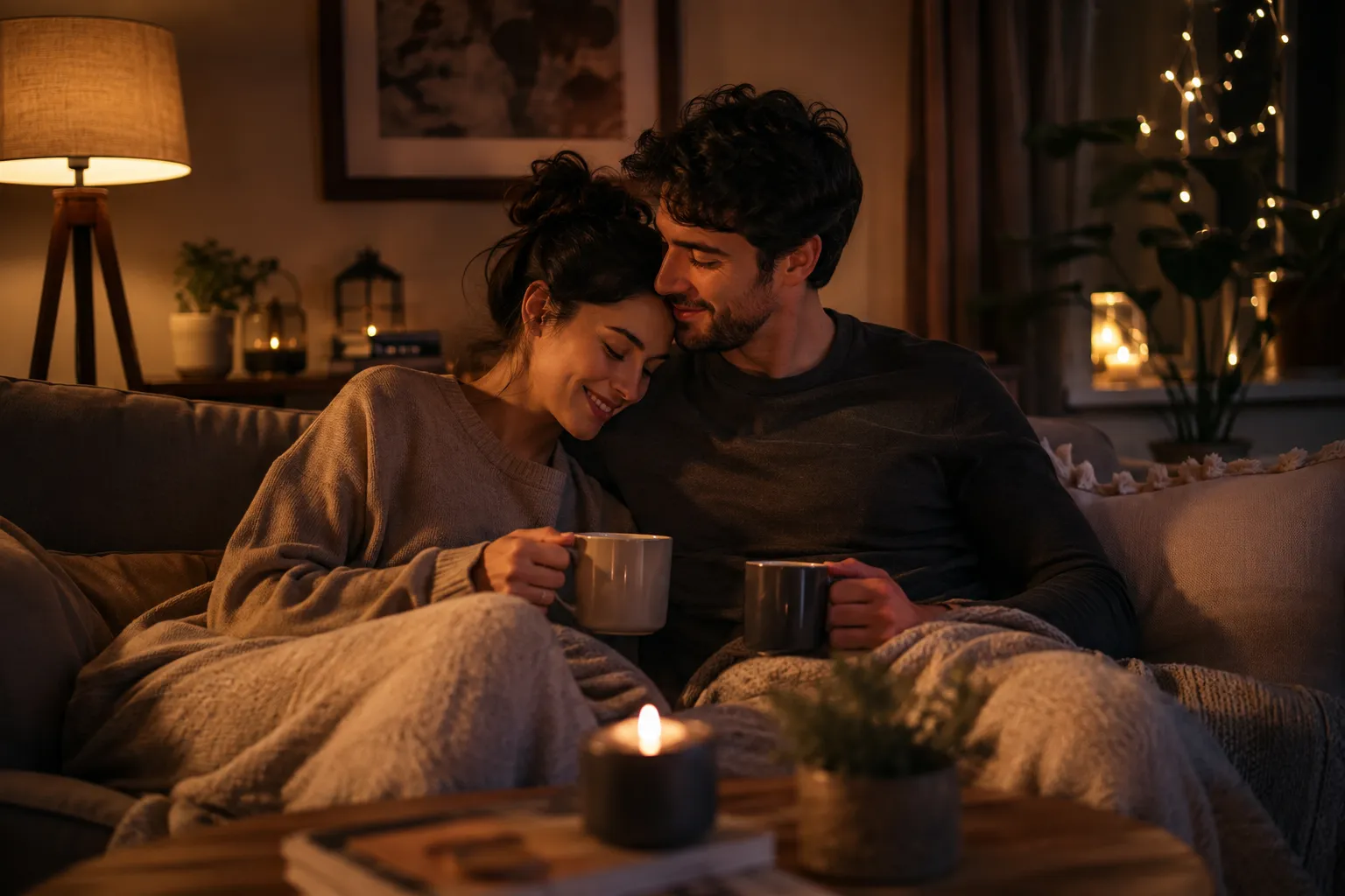 Casal adulto descansando junto no sofá com canecas nas mãos, à luz de velas