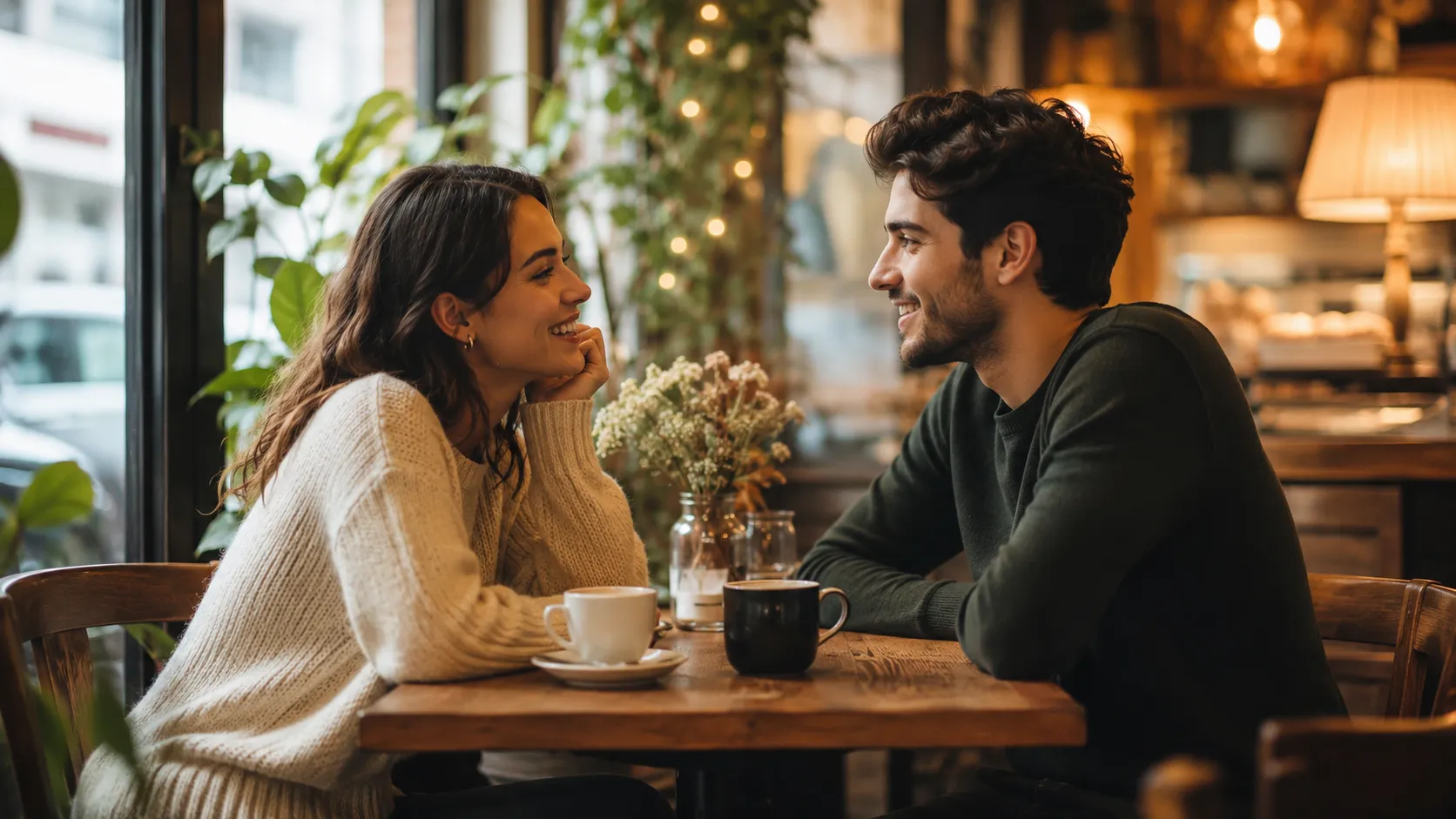 Duas pessoas adultas conversando e sorrindo em uma cafeteria acolhedora