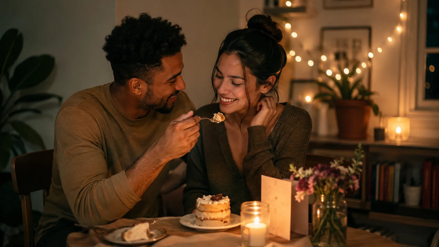 Casal adulto dividindo uma sobremesa em casa, à luz de velas