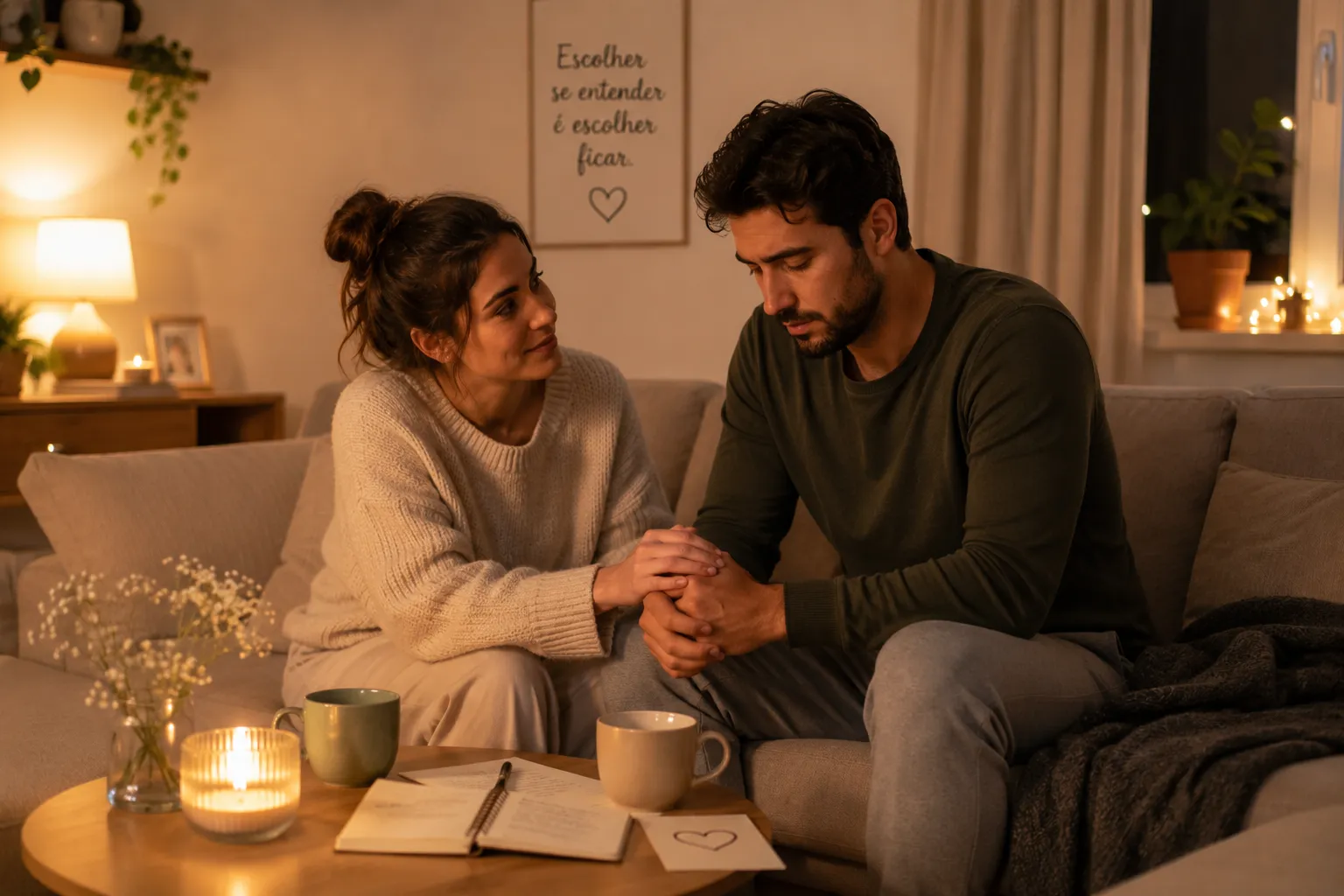 Casal adulto conversando com cuidado no sofá, em casa