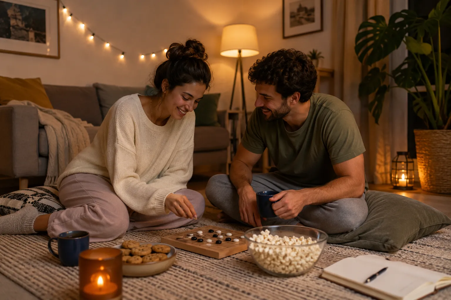 Casal adulto jogando em casa numa noite acolhedora