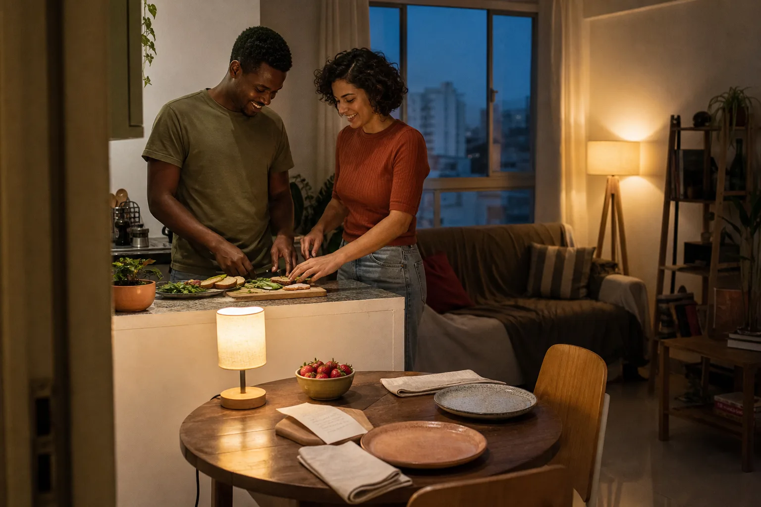 Casal adulto preparando juntos uma refeição simples numa cozinha acolhedora ao anoitecer