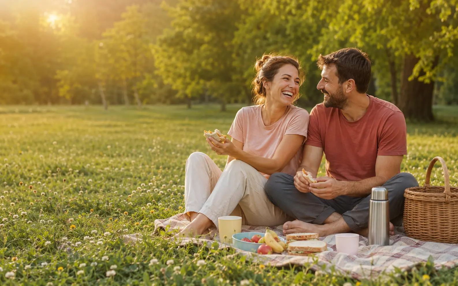 Casal sorrindo durante um piquenique em um parque